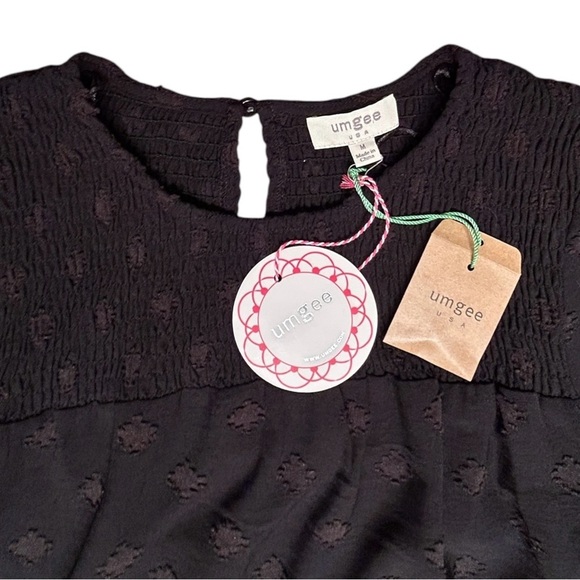 UMGEE Black Swiss Dot Mini Dress sz M Ruffles Balloon Sleeve Smocked Yoke #C3421 - Picture 8 of 10